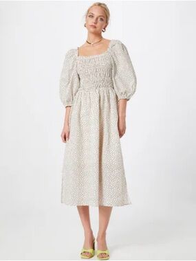 Organic Free People Smocked White + Black Polka Dot Puff Sleeve Midi Dress. L
